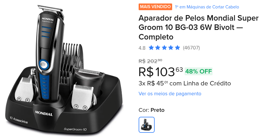 Kit aparador de pelos Mondial Super Groom 10 com todos os acessórios na base