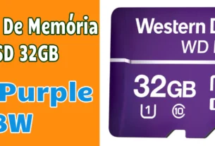 Embalagem do cartão WD Purple destacando a resistência para monitoramento 24/7