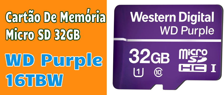 Embalagem do cartão WD Purple destacando a resistência para monitoramento 24/7