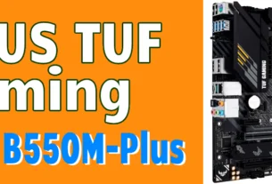 Placa-mãe ASUS TUF Gaming B550M-Plus com dissipadores pretos e detalhes amarelos
