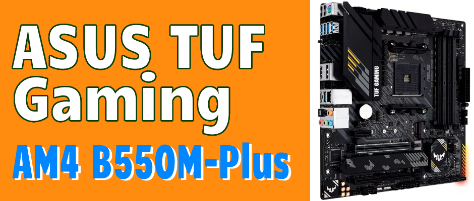 Placa-mãe ASUS TUF Gaming B550M-Plus com dissipadores pretos e detalhes amarelos